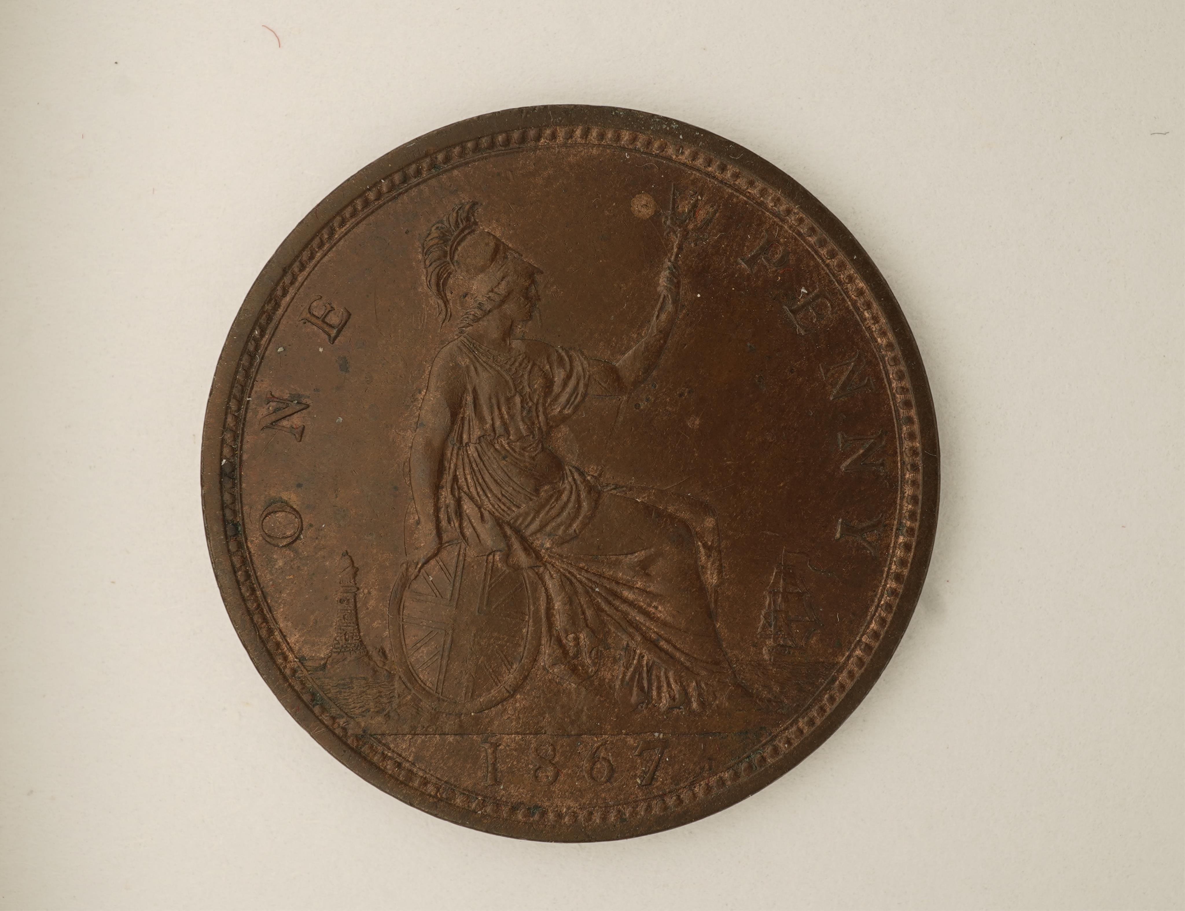 British coins, Victoria, two bronze pennies;, 1866, Fr. 52, Gouby dies J/G, EF, much lustre., 1867, Fr. 53, Gouby dies J/G, about EF, dark toned.